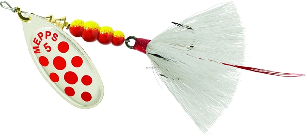 Picture of Mepps Aglia In-Line Spinner, 1/2 Oz, Dressed Treble Hook, Silver/Red Dot Blade/White Tail