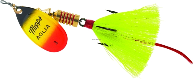 Picture of Mepps Aglia In-Line Spinner, 1/4 Oz, Dressed Treble Hook, Black/Yellow/Red Blade/Yellow Tail