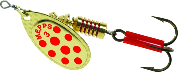 Picture of Mepps Aglia In-Line Spinner, 1/4 Oz, Plain Treble Hook, Gold & Red Dot Blade