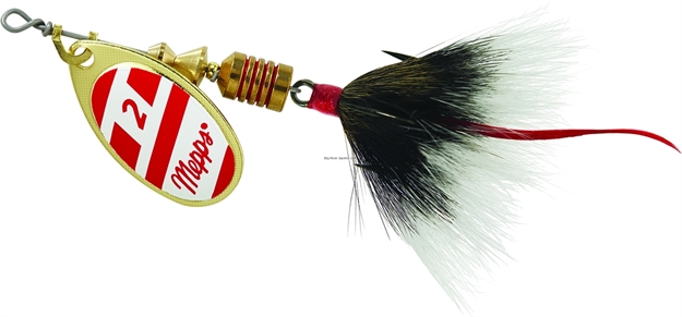 Picture of Mepps Aglia In-Line Spinner, 1/6 Oz, Dressed Treble Hook, Gold/Red/White Blade/Gray Tail