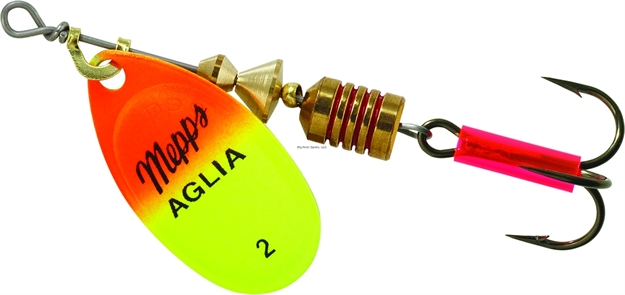 Picture of Mepps Aglia In-Line Spinner, 1/6 Oz, Plain Treble Hook, Hot Orange & Chartreuse Blade