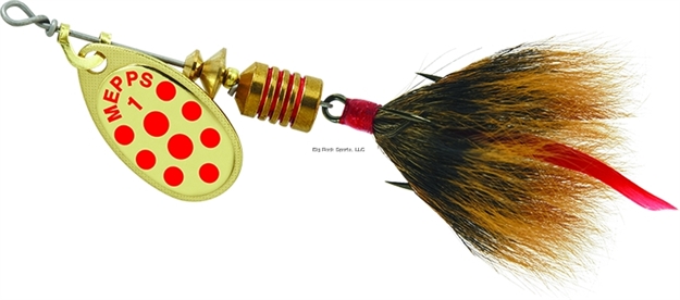 Picture of Mepps Aglia In-Line Spinner, 1/8 Oz, Dressed Treble Hook, Gold/Red Dot Blade/Brown Tail