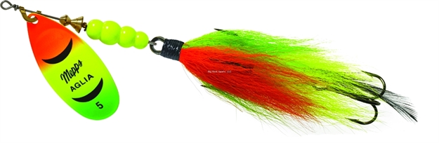Picture of Mepps Aglia Tandem In-Line Bucktail Spinner, 6", 7/8 Oz, Treble Hook, Hot Firetiger Blade With Firetiger Tail