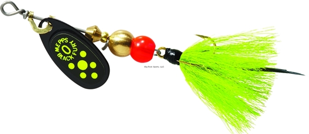 Picture of Mepps Black Fury In-Line Spinner, 1/12 Oz, Dressed Treble Hook, Chartreuse Dot Blade With Gray & Chartreuse Tail
