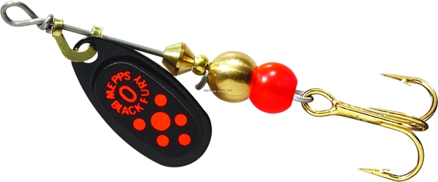 Picture of Mepps Black Fury In-Line Spinner, 1/12 Oz, Plain Treble Hook, Black With Fluorescent Red Dots