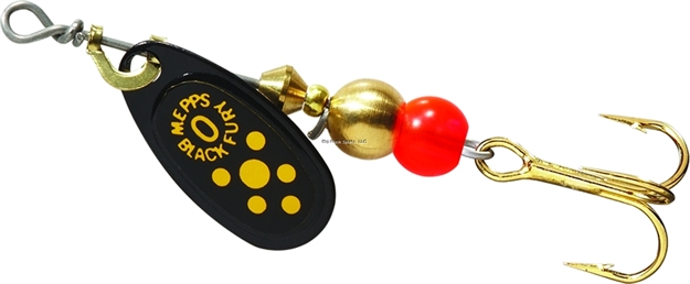 Picture of Mepps Black Fury In-Line Spinner, 1/12 Oz, Plain Treble Hook, Black With Yellow Dots