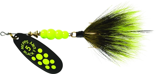 Picture of Mepps Black Fury In-Line Spinner, 1/2 Oz, Dressed Treble Hook, Chartreuse Dot Blade With Gray & Chartreuse Tail