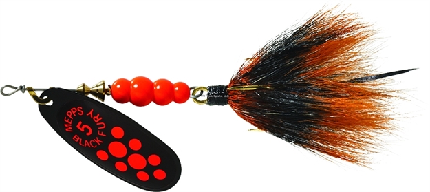 Picture of Mepps Black Fury In-Line Spinner, 1/2 Oz, Dressed Treble Hook, Fluorescent Red Dot Blade With Gray & Orange Tail