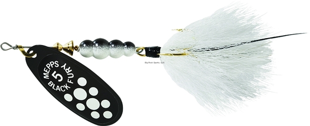 Picture of Mepps Black Fury In-Line Spinner, 1/2 Oz, Dressed Treble Hook, White Dot Blade With White Tail