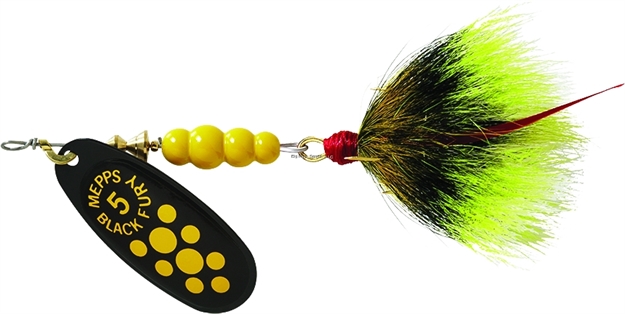 Picture of Mepps Black Fury In-Line Spinner, 1/2 Oz, Dressed Treble Hook, Yellow Dot Blade With Gray & Yellow Tail