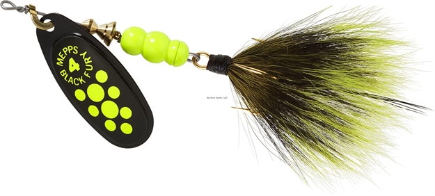 Picture of Mepps Black Fury In-Line Spinner, 1/3 Oz, Dressed Treble Hook, Chartreuse Dot Blade With Gray & Chartreuse Tail
