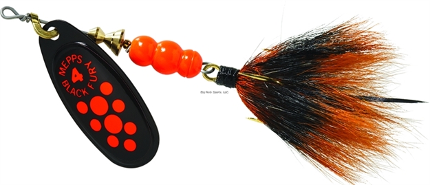 Picture of Mepps Black Fury In-Line Spinner, 1/3 Oz, Dressed Treble Hook, Fluorescent Red Dot Blade With Gray & Orange Tail
