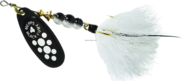 Picture of Mepps Black Fury In-Line Spinner, 1/3 Oz, Dressed Treble Hook, White Dot Blade With White Tail