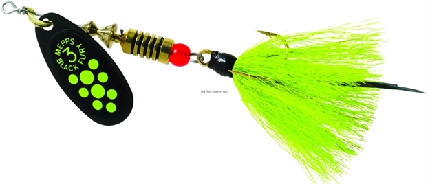 Picture of Mepps Black Fury In-Line Spinner, 1/4 Oz, Dressed Treble Hook, Chartreuse Dot Blade With Gray & Chartreuse Tail