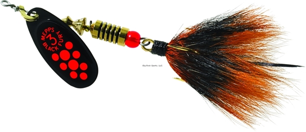 Picture of Mepps Black Fury In-Line Spinner, 1/4 Oz, Dressed Treble Hook, Fluorescent Red Dot Blade With Gray & Orange Tail