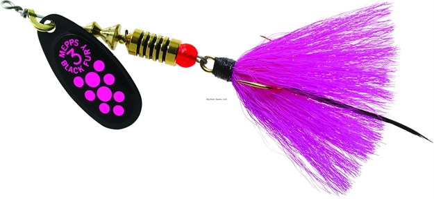 Picture of Mepps Black Fury In-Line Spinner, 1/4 Oz, Dressed Treble Hook, Pink Dot Blade With Pink Tail