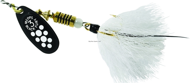 Picture of Mepps Black Fury In-Line Spinner, 1/4 Oz, Dressed Treble Hook, White Dot Blade With White Tail