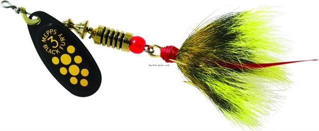 Picture of Mepps Black Fury In-Line Spinner, 1/4 Oz, Dressed Treble Hook, Yellow Dot Blade With Gray & Yellow Tail