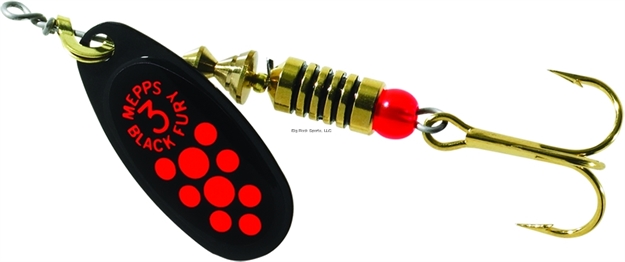 Picture of Mepps Black Fury In-Line Spinner, 1/4 Oz, Plain Treble Hook, Black With Fluorescent Red Dots