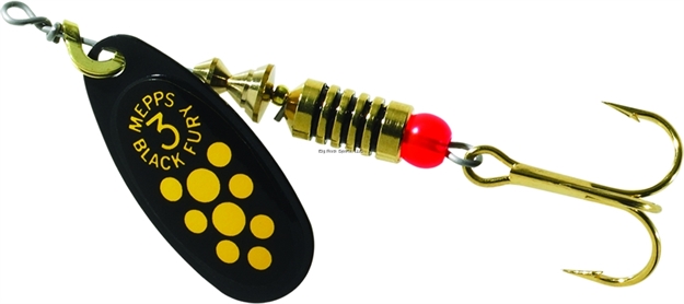 Picture of Mepps Black Fury In-Line Spinner, 1/4 Oz, Plain Treble Hook, Black With Yellow Dots