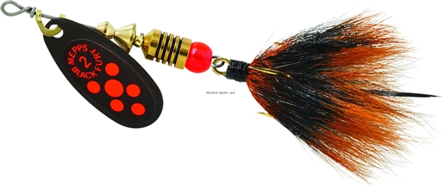 Picture of Mepps Black Fury In-Line Spinner, 1/6 Oz, Dressed Treble Hook, Fluorescent Red Dot Blade With Gray & Orange Tail