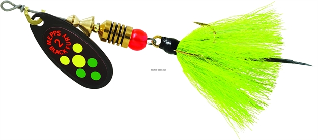 Picture of Mepps Black Fury In-Line Spinner, 1/6 Oz, Dressed Treble Hook, Hot Firetiger Blade With Chartreuse Tail