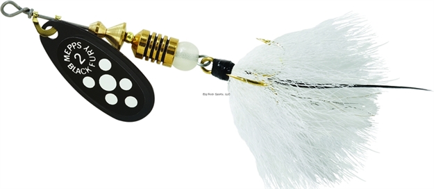 Picture of Mepps Black Fury In-Line Spinner, 1/6 Oz, Dressed Treble Hook, White Dot Blade With White Tail