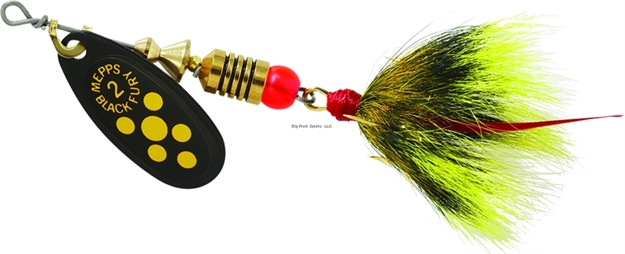 Picture of Mepps Black Fury In-Line Spinner, 1/6 Oz, Dressed Treble Hook, Yellow Dot Blade With Gray & Yellow Tail