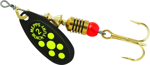 Picture of Mepps Black Fury In-Line Spinner, 1/6 Oz, Plain Treble Hook, Black With Chartreuse Dots