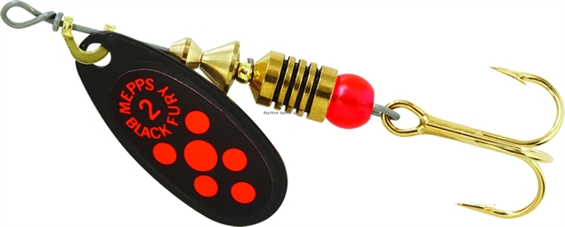 Picture of Mepps Black Fury In-Line Spinner, 1/6 Oz, Plain Treble Hook, Black With Fluorescent Red Dots