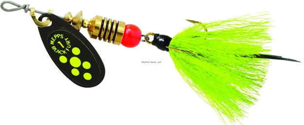 Picture of Mepps Black Fury In-Line Spinner, 1/8 Oz, Dressed Treble Hook, Chartreuse Dot Blade With Gray & Chartreuse Tail