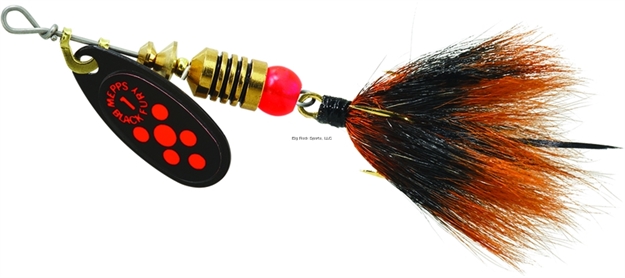 Picture of Mepps Black Fury In-Line Spinner, 1/8 Oz, Dressed Treble Hook, Fluorescent Red Dot Blade With Gray & Orange Tail