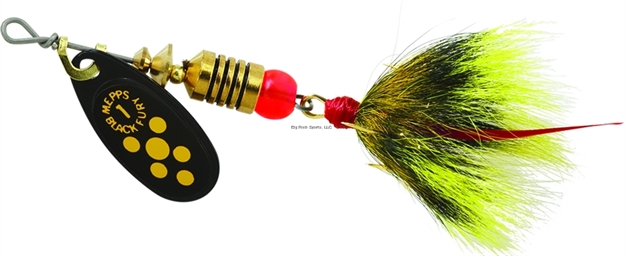 Picture of Mepps Black Fury In-Line Spinner, 1/8 Oz, Dressed Treble Hook, Yellow Dot Blade With Gray & Yellow Tail