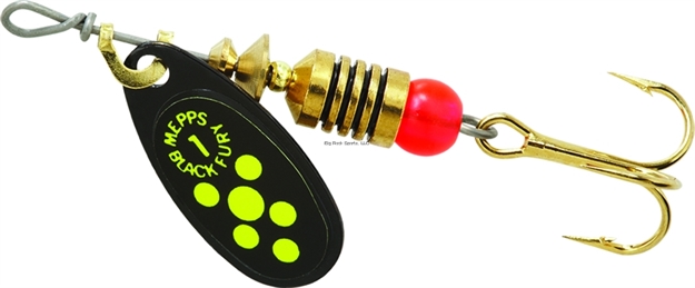 Picture of Mepps Black Fury In-Line Spinner, 1/8 Oz, Plain Treble Hook, Black With Chartreuse Dots