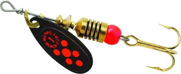 Picture of Mepps Black Fury In-Line Spinner, 1/8 Oz, Plain Treble Hook, Black With Fluorescent Red Dots