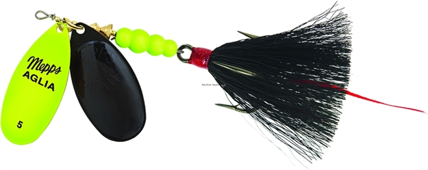 Picture of Mepps Double Blade Aglia In-Line Spinner, 11/16 Oz, Dressed Treble, Hot Chartreuse/Black Blades/Black Tail