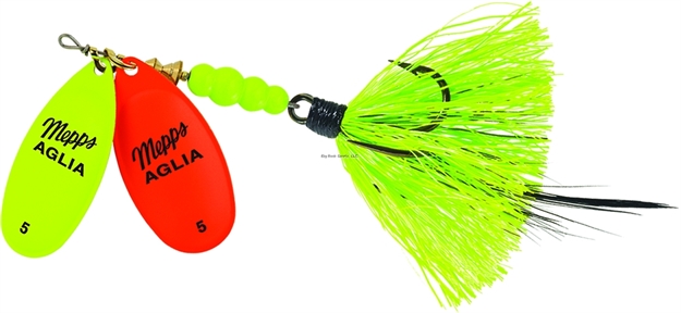 Picture of Mepps Double Blade Aglia In-Line Spinner, 11/16 Oz, Dressed Treble, Hot Chartreuse/Hot Orange Blades/Chartreuse Tail