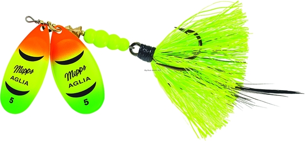 Picture of Mepps Double Blade Aglia In-Line Spinner, 11/16 Oz, Dressed Treble, Hot Firetiger/Hot Firetiger Blades/Chartreuse Tail