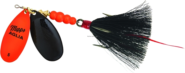 Picture of Mepps Double Blade Aglia In-Line Spinner, 11/16 Oz, Dressed Treble, Hot Orange/Black Blades/Black Tail
