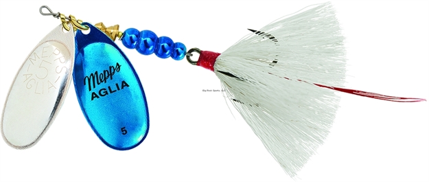 Picture of Mepps Double Blade Aglia In-Line Spinner, 11/16 Oz, Dressed Treble, Silver/Blue Platinum Blades/White Tail