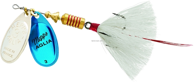 Picture of Mepps Double Blade Aglia In-Line Spinner, 5/16 Oz, Dressed Treble, Silver/Blue Platinum Blades/White Tail