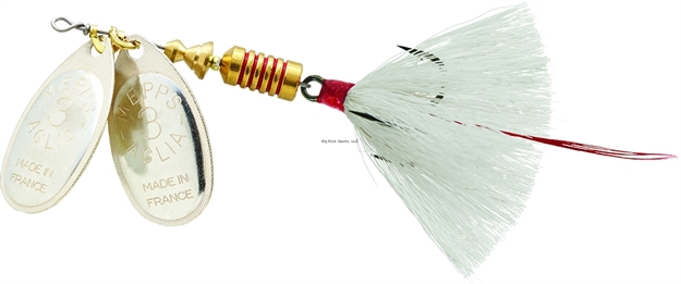 Picture of Mepps Double Blade Aglia In-Line Spinner, 5/16 Oz, Dressed Treble, Silver/Silver Blades/White Tail