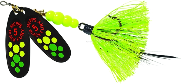 Picture of Mepps Double Blade Black Fury In-Line Spinner, 1/2 Oz, Dressed Treble, Hot Firetiger Dot & Chartreuse Tail
