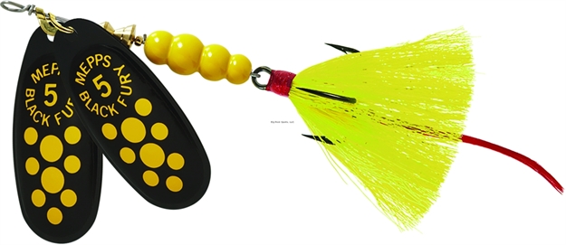 Picture of Mepps Double Blade Black Fury In-Line Spinner, 1/2 Oz, Dressed Treble, Yellow Dot & Tail