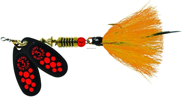 Picture of Mepps Double Blade Black Fury In-Line Spinner, 1/4 Oz, Dressed Treble, Fluorescent Dot & Orange Tail