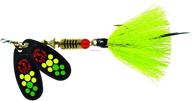 Picture of Mepps Double Blade Black Fury In-Line Spinner, 1/4 Oz, Dressed Treble, Hot Firetiger Dot & Chartreuse Tail