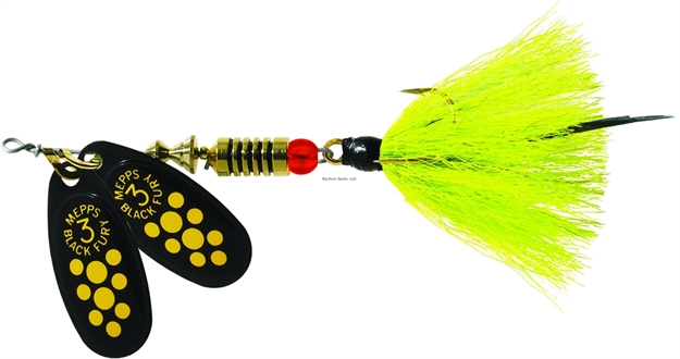Picture of Mepps Double Blade Black Fury In-Line Spinner, 1/4 Oz, Dressed Treble, Yellow Dot & Tail