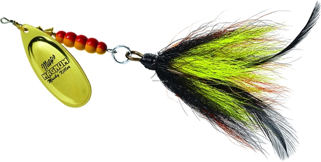 Picture of Mepps Magnum Musky Killer In-Line Spinner, 6", 1 1/4 Oz, Dressed Treble, Gold Blade With Black/Orange/Yellow Tail