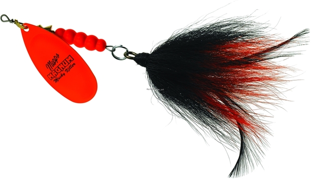 Picture of Mepps Magnum Musky Killer In-Line Spinner, 6", 1 1/4 Oz, Dressed Treble, Hot Orange Blade With Black & Orange Tail