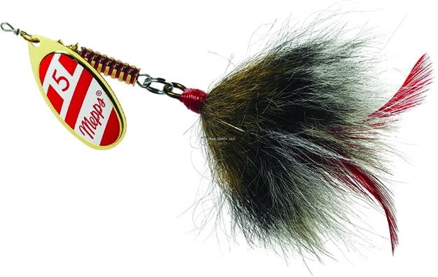 Picture of Mepps Musky Killer In-Line Spinner Bucktail, 3/4 Oz, 5/0 Treble Hook, Gold/Red/White Blade/Gray Tail